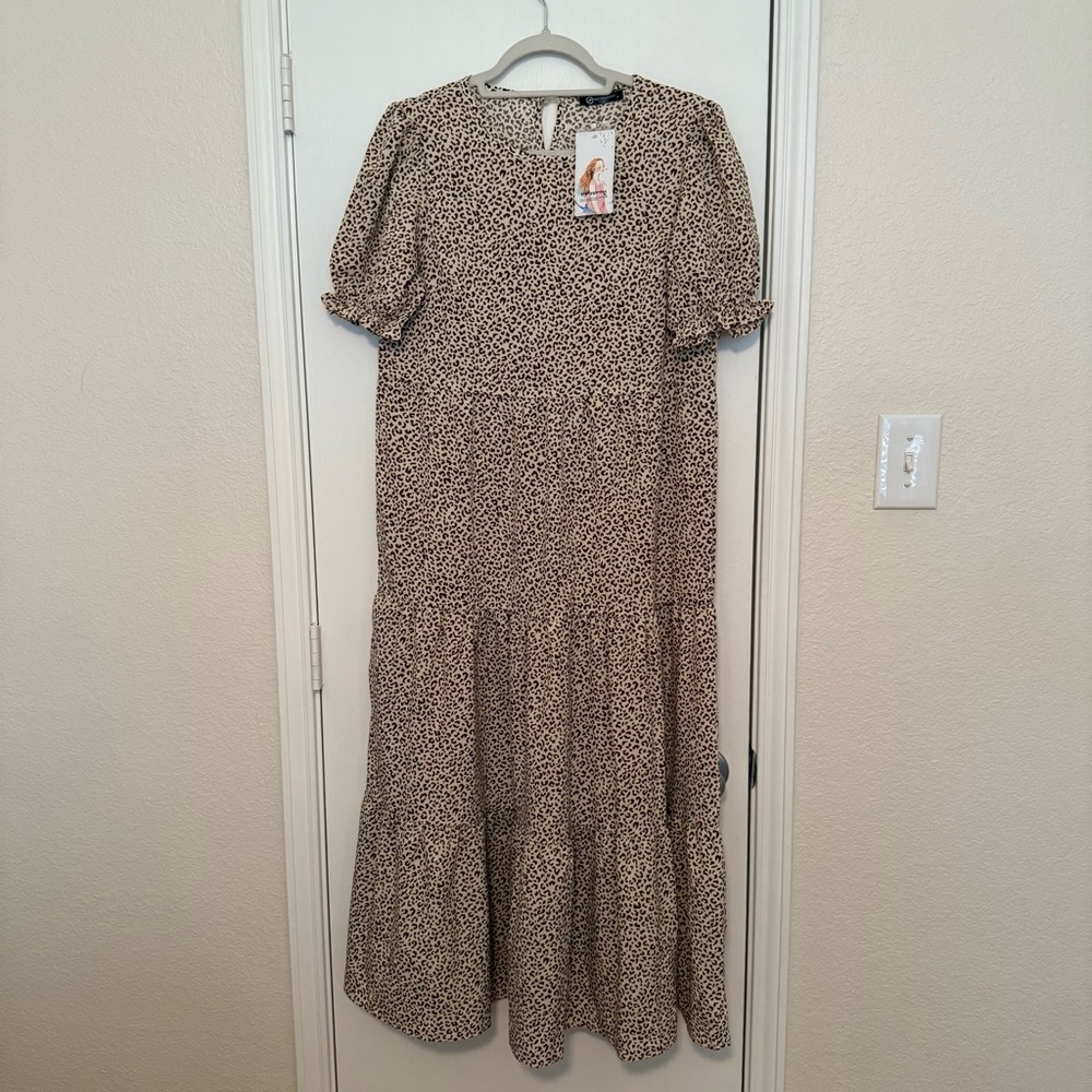 Brown Tan Ruffled Midi Sundress with Crew Neck